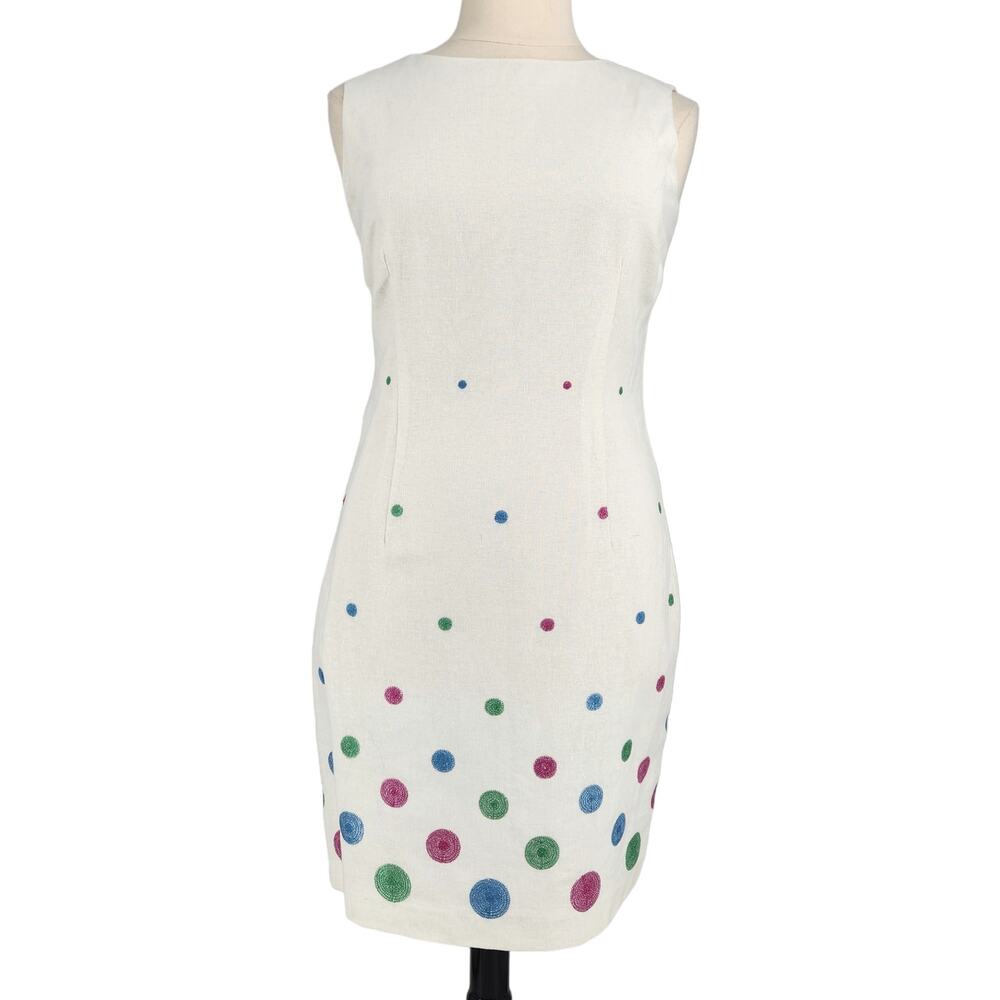 Vintage John Roberts Linen Blend Sheath Dress with Embroidered Dots